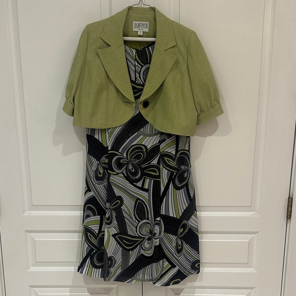Julian Taylor Green and Black Floral-Print Midi Dress with Cropped Jacket